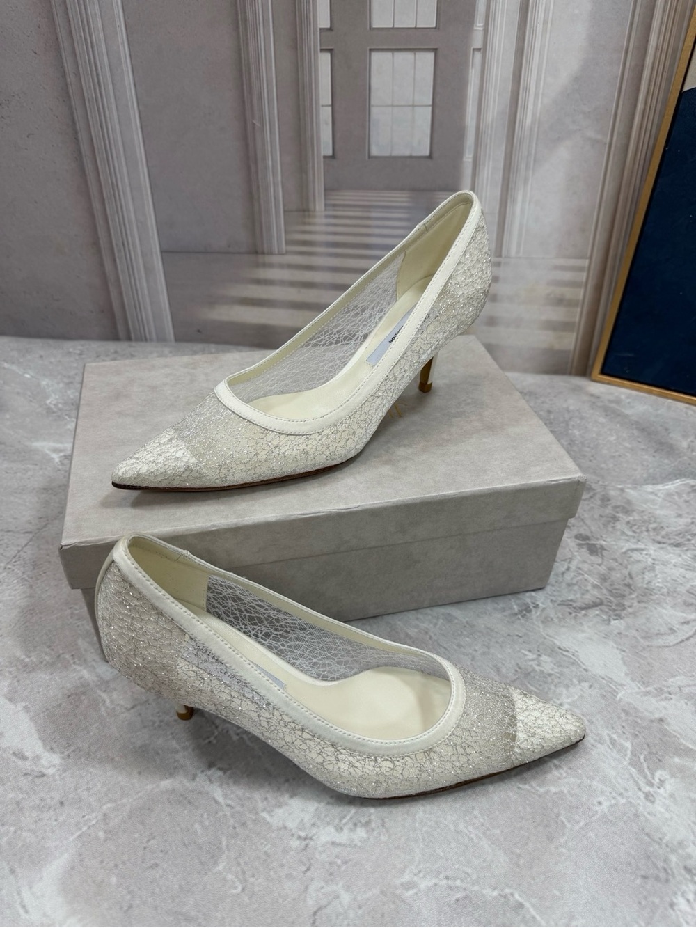 Jimmy Choo Ivory Pointed-Toe Kitten Heel Pumps